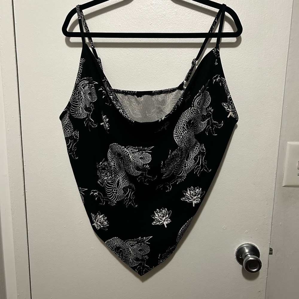 Black Dragon Print Cowl-Neck Crop Top